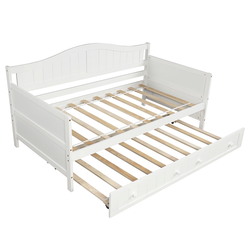 White Wood Twin Daybed with Trundle Bed Sofa Bed for Bedroom Living Room
