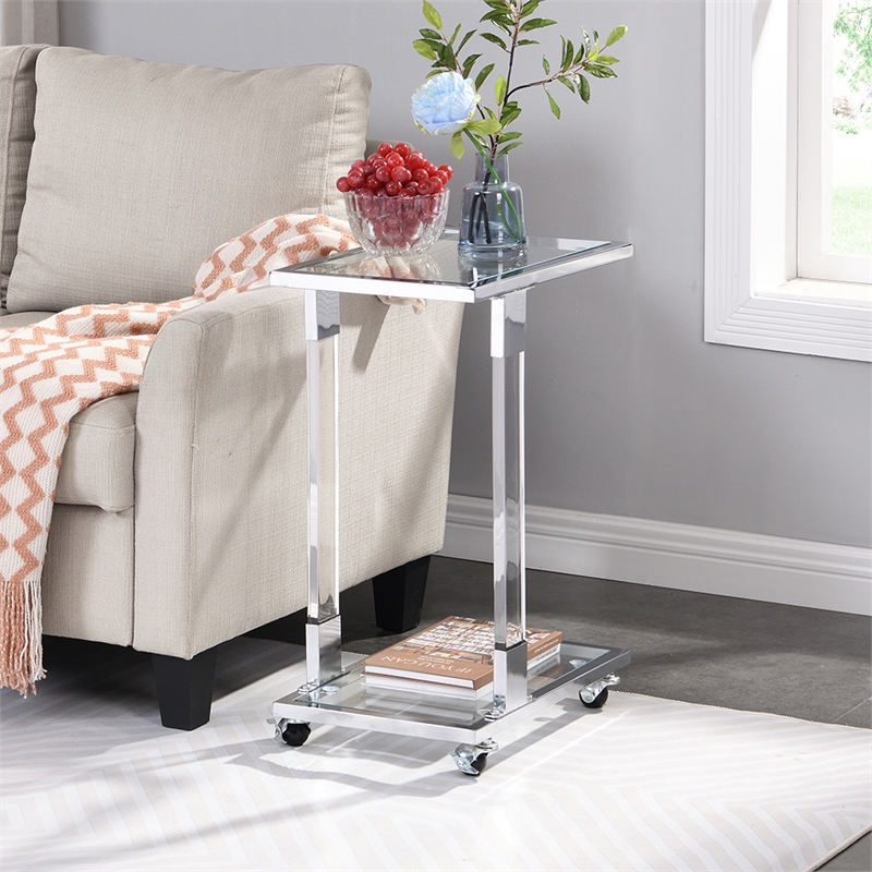 Chrome Glass Top C Shape Square Table with Metal Base for Living Room