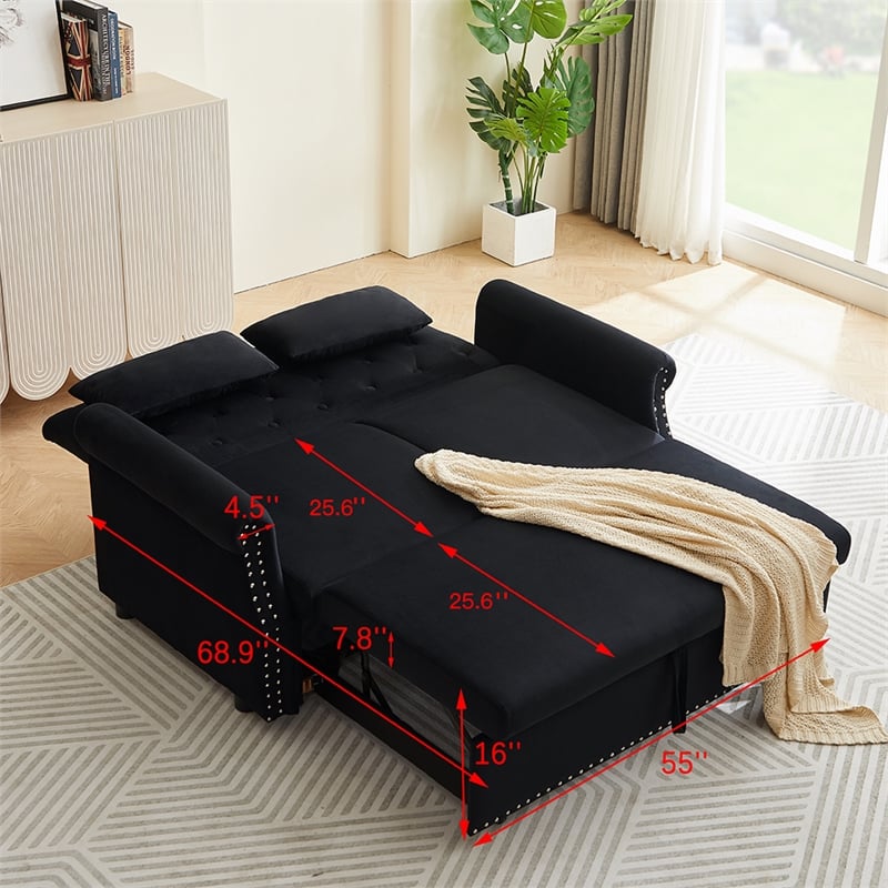 Direct Wicker Velvet Convertible Loveseat Sleeper Sofa Couch in Black