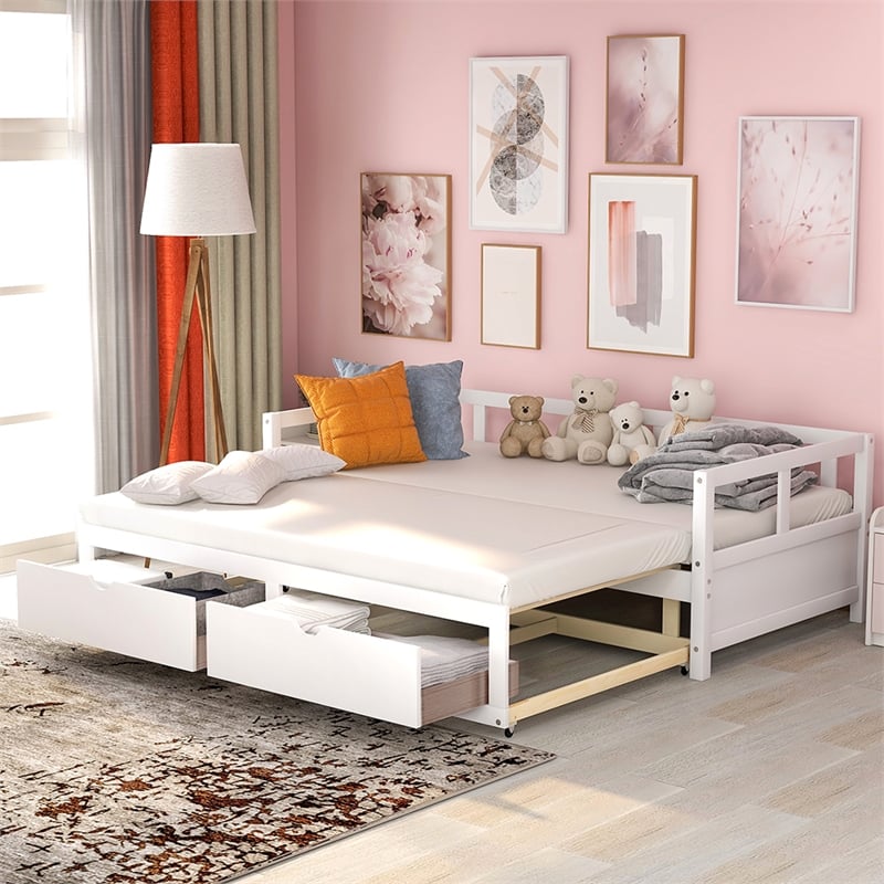White Wood Daybed with Trundle Bed and Two Storage Drawers for Living Room