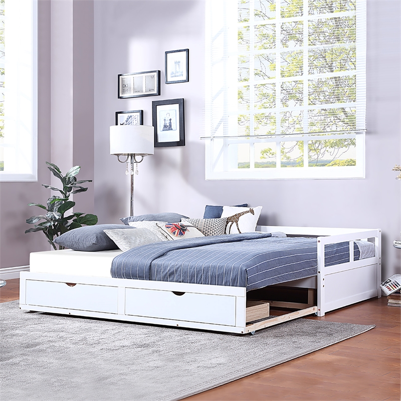 White Wood Daybed with Trundle Bed and Two Storage Drawers for Living Room