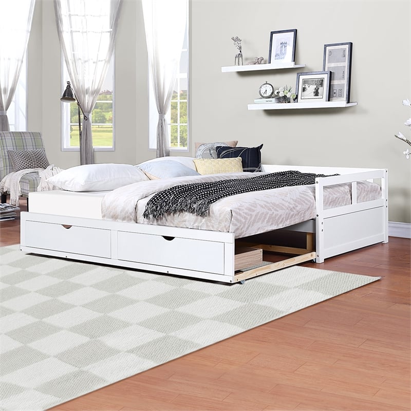 White Wood Daybed with Trundle Bed and Two Storage Drawers for Living Room