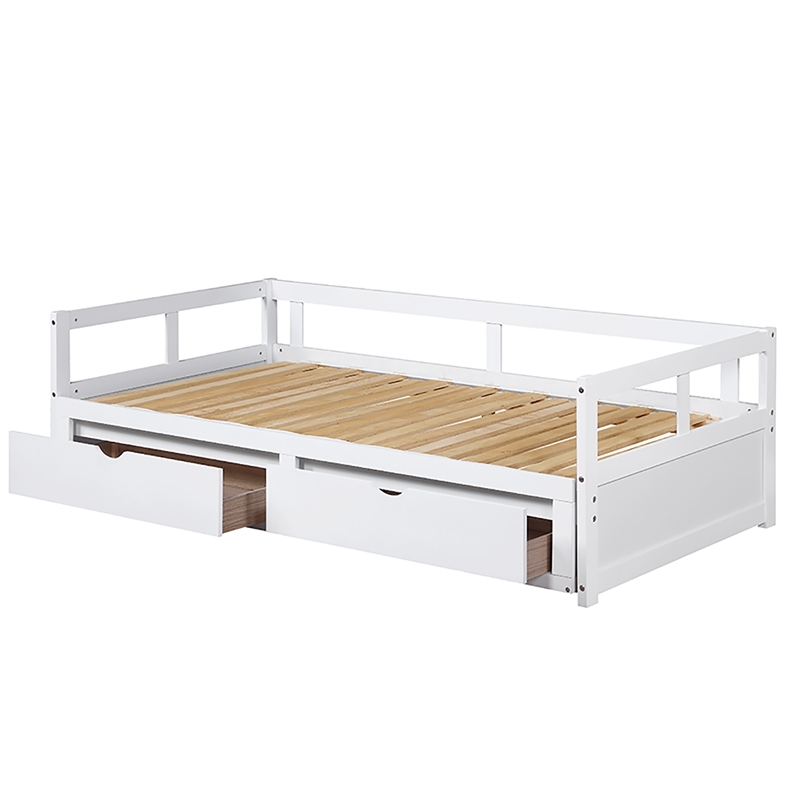 White Wood Daybed with Trundle Bed and Two Storage Drawers for Living Room