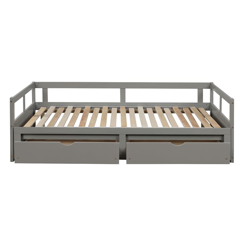 Gray Wood Daybed with Trundle Bed and Two Storage Drawers for Living Room