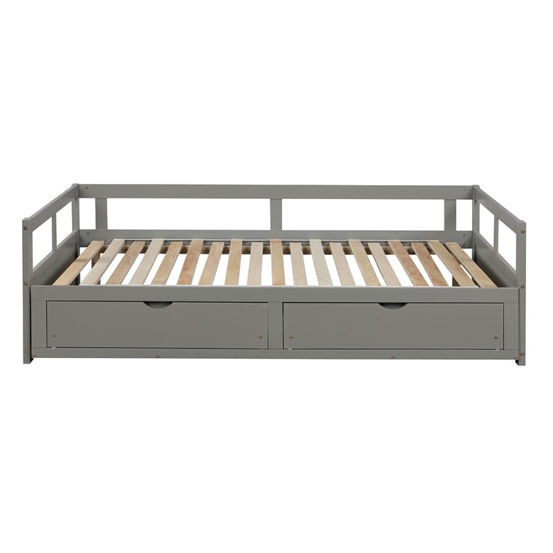 Gray Wood Daybed with Trundle Bed and Two Storage Drawers for Living Room