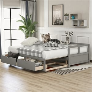 Gray Wood Daybed with Trundle Bed and Two Storage Drawers for Living Room
