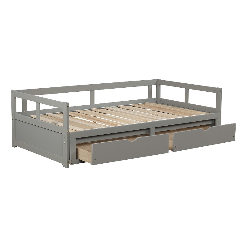 Gray Wood Daybed with Trundle Bed and Two Storage Drawers for Living Room