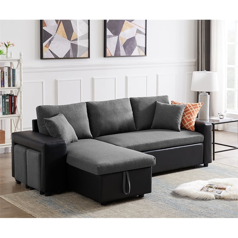 Gray Fabric Reversible Sleeper Sectional Sofa with storage and 2 stools Steel