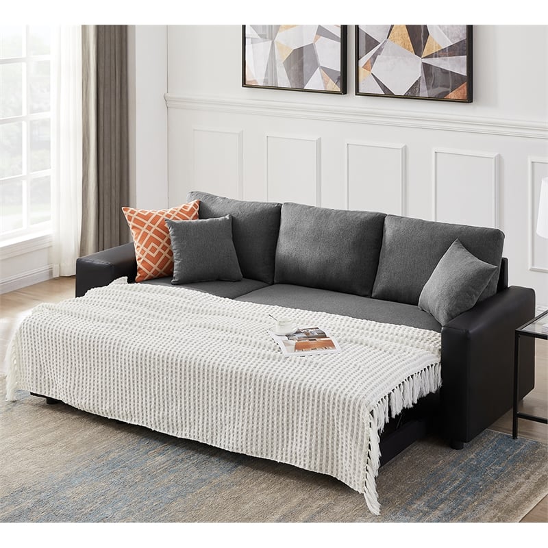 Gray Fabric Reversible Sleeper Sectional Sofa with storage and 2 stools Steel