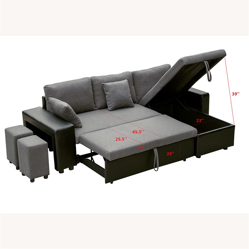 Gray Fabric Reversible Sleeper Sectional Sofa with storage and 2 stools Steel