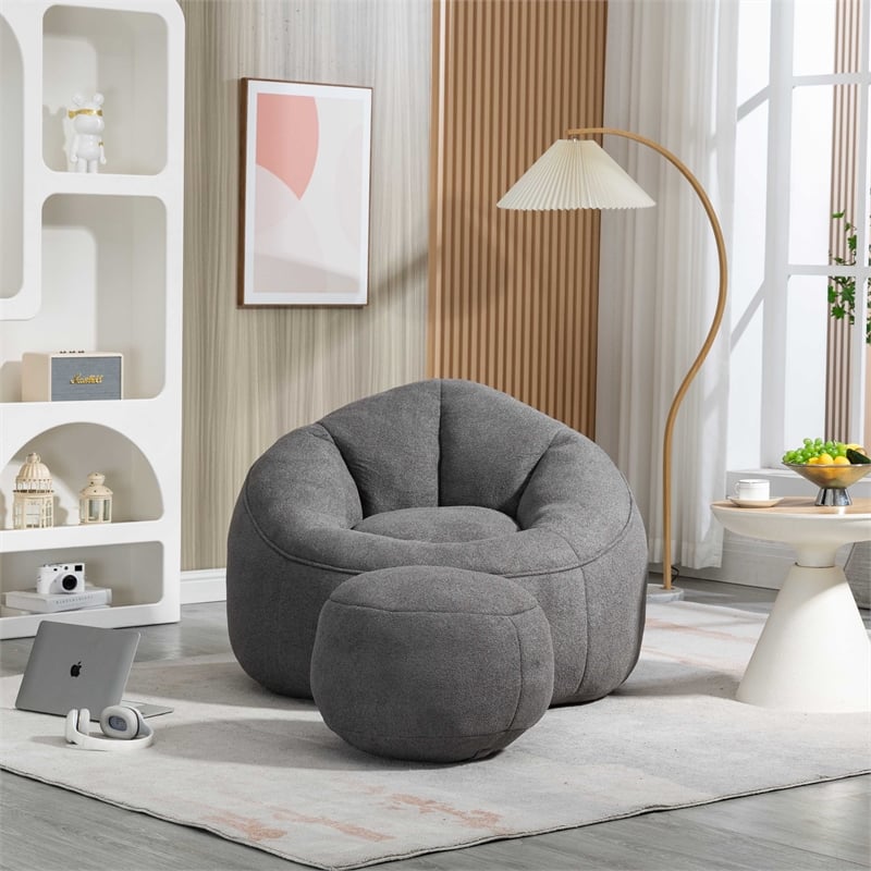 Gray Microfiber Bedding Bean Bag Sofa Chair High Pressure Foam with ottoman