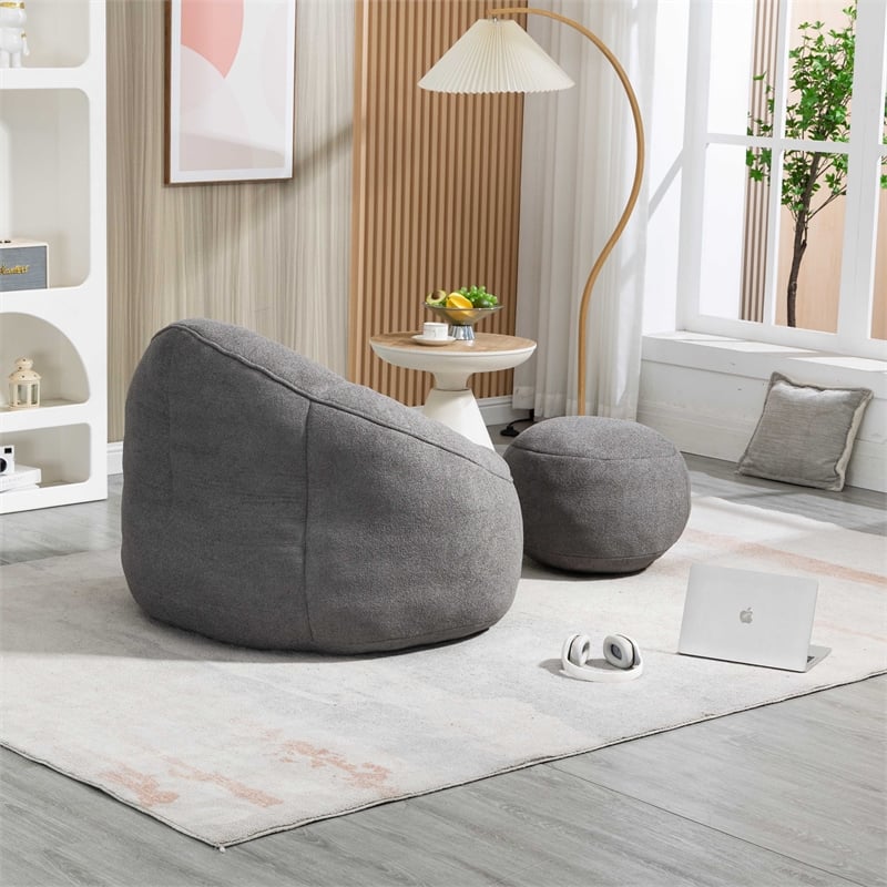 Gray Microfiber Bedding Bean Bag Sofa Chair High Pressure Foam with ottoman
