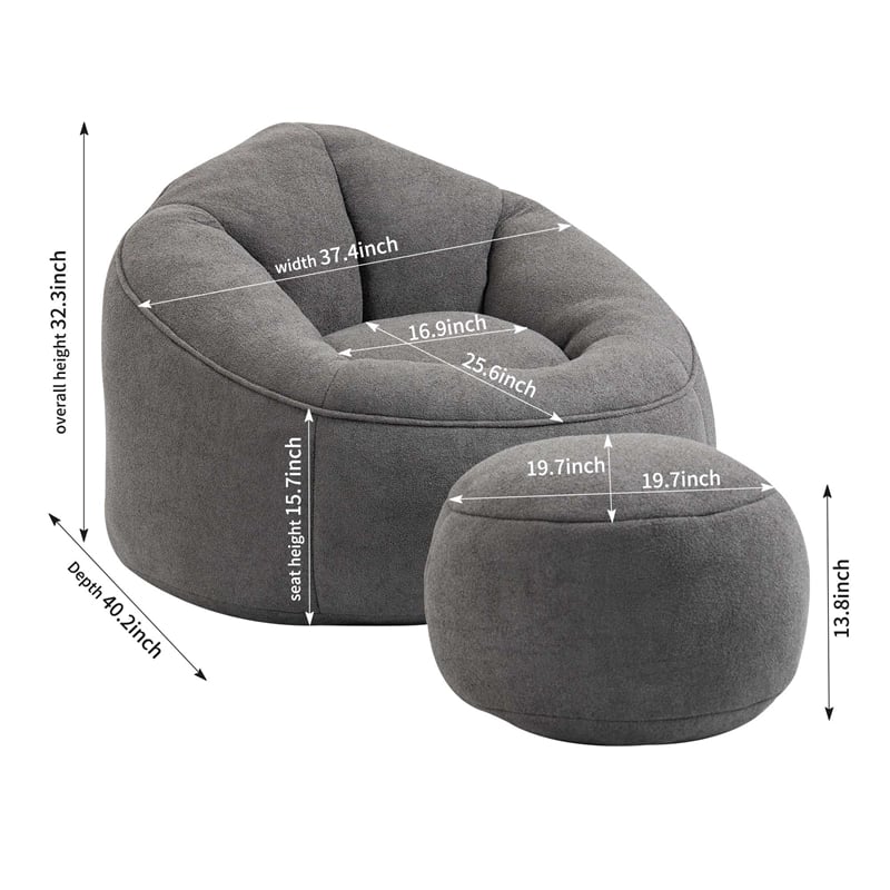 Gray Microfiber Bedding Bean Bag Sofa Chair High Pressure Foam with ottoman
