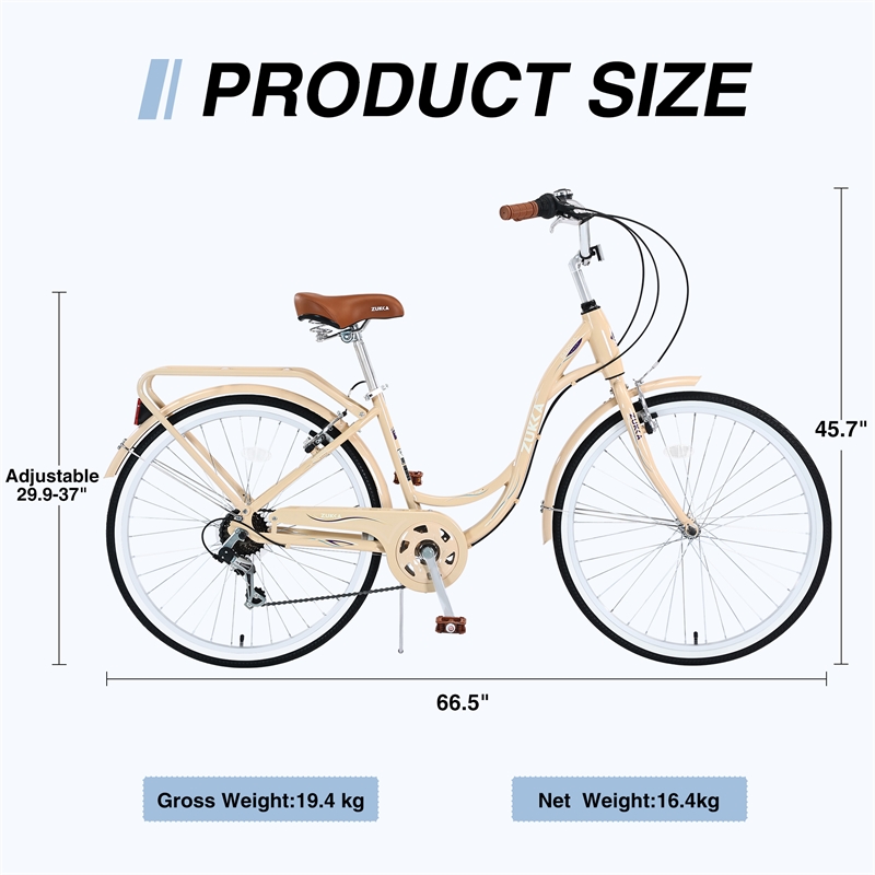 26 Inch Beach Cruiser Bike for Women 7 Speed with Perfect Fit Frame (Beige)