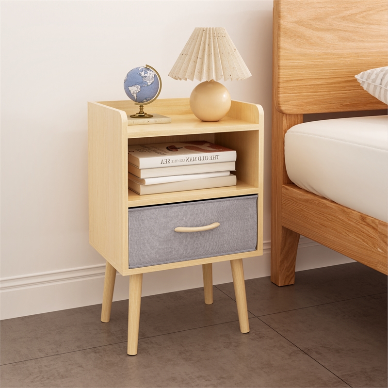 Nightstand with Fabric Drawer 2-Tier Storage End Table Wood Side Table-Oak