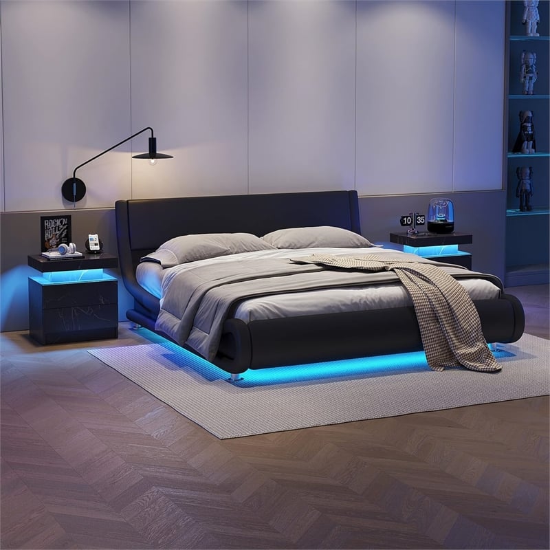 Nightstands with 2 Drawers LED Bedside Table Cabinet for Bedroom - Black Gold