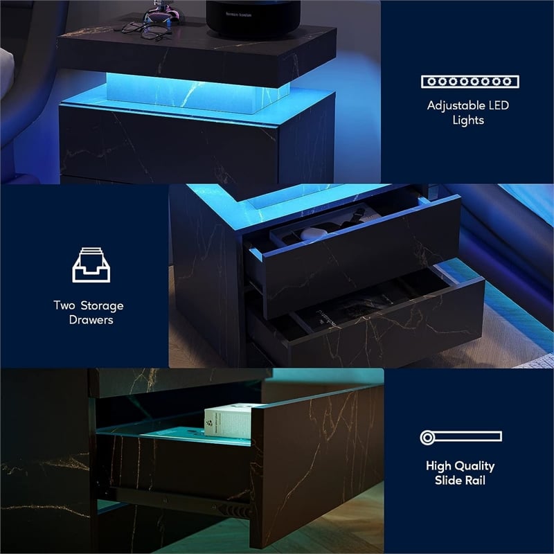 Nightstands with 2 Drawers LED Bedside Table Cabinet for Bedroom - Black Gold