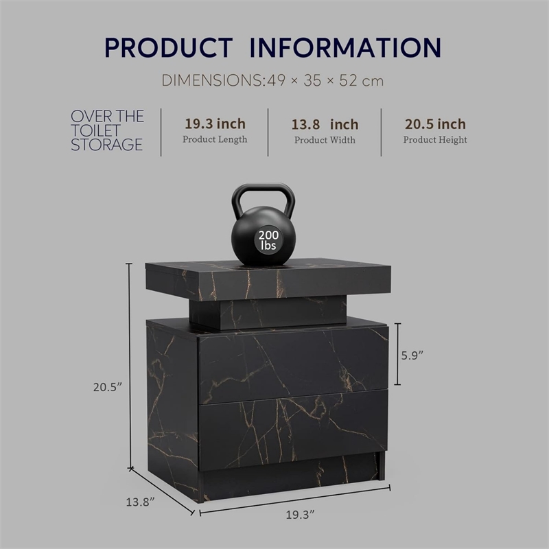 Nightstands with 2 Drawers LED Bedside Table Cabinet for Bedroom - Black Gold