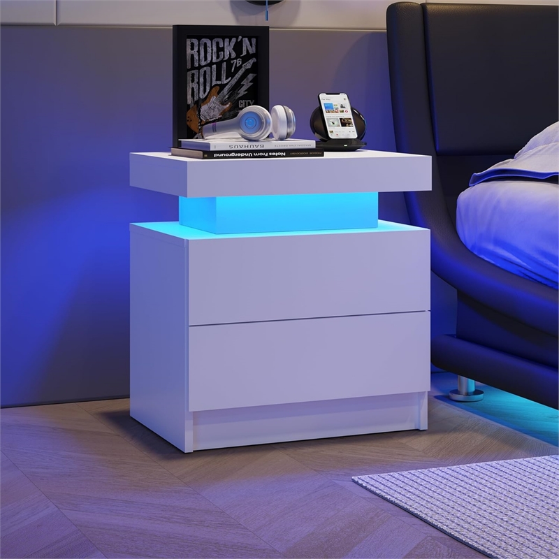 Nightstands with 2 Drawers LED Bedside Table Cabinet for Bedroom - White