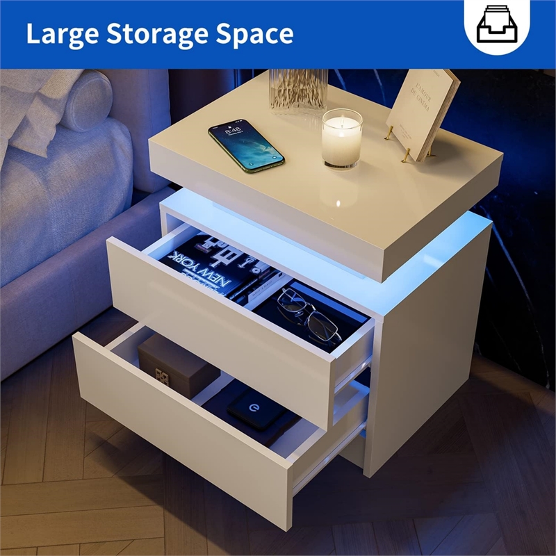 Nightstands with 2 Drawers LED Bedside Table Cabinet for Bedroom - White