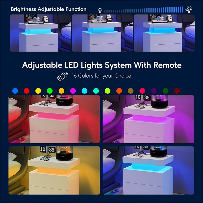 Nightstands with 2 Drawers LED Bedside Table Cabinet for Bedroom - White