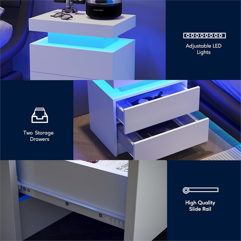 Nightstands with 2 Drawers LED Bedside Table Cabinet for Bedroom - White