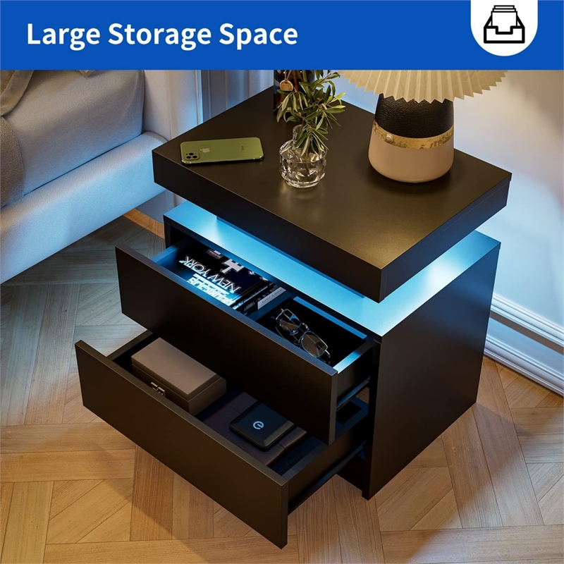 Nightstands with 2 Drawers LED Bedside Table Cabinet for Bedroom - Black