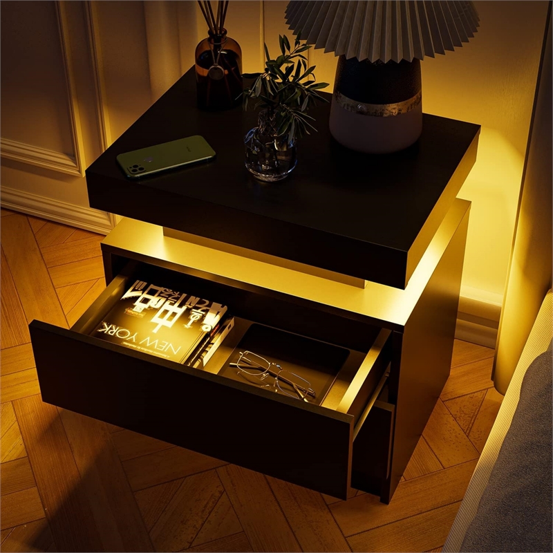 Nightstands with 2 Drawers LED Bedside Table Cabinet for Bedroom - Black