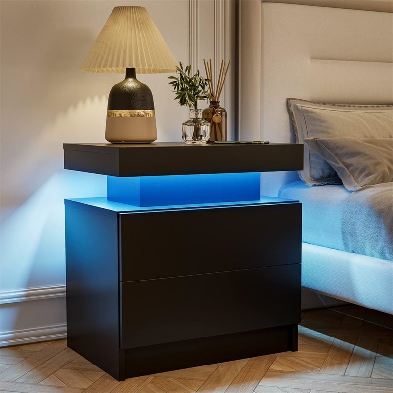Nightstands with 2 Drawers LED Bedside Table Cabinet for Bedroom - Black