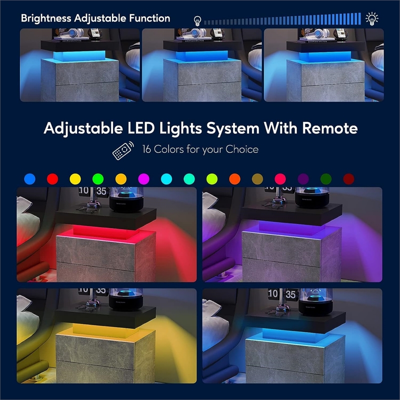 Nightstands with 2 Drawers LED Bedside Table Cabinet for Bedroom - Gray