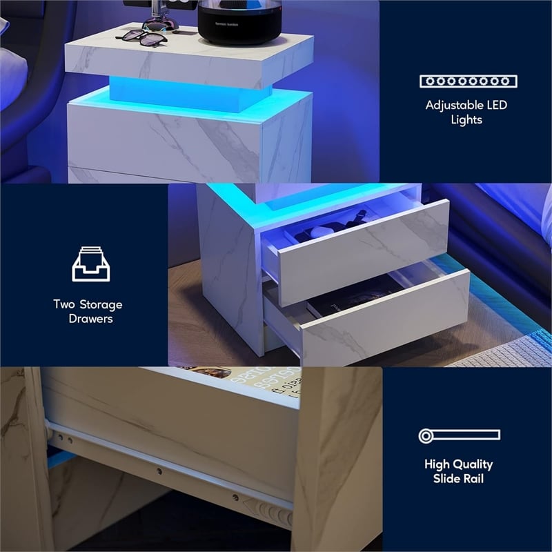 Nightstands with 2 Drawers LED Bedside Table Cabinet for Bedroom - Matte White
