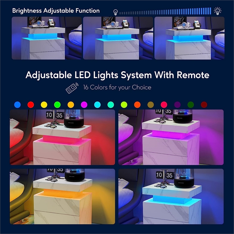 Nightstands with 2 Drawers LED Bedside Table Cabinet for Bedroom - Matte White