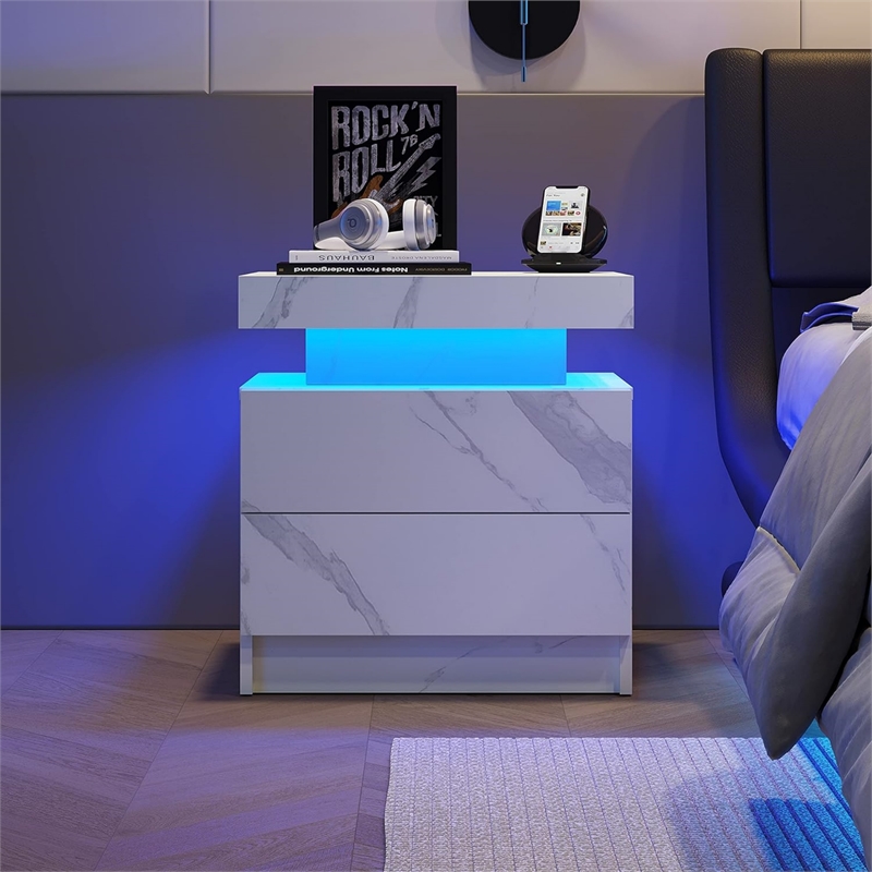 Nightstands with 2 Drawers LED Bedside Table Cabinet for Bedroom - Matte White