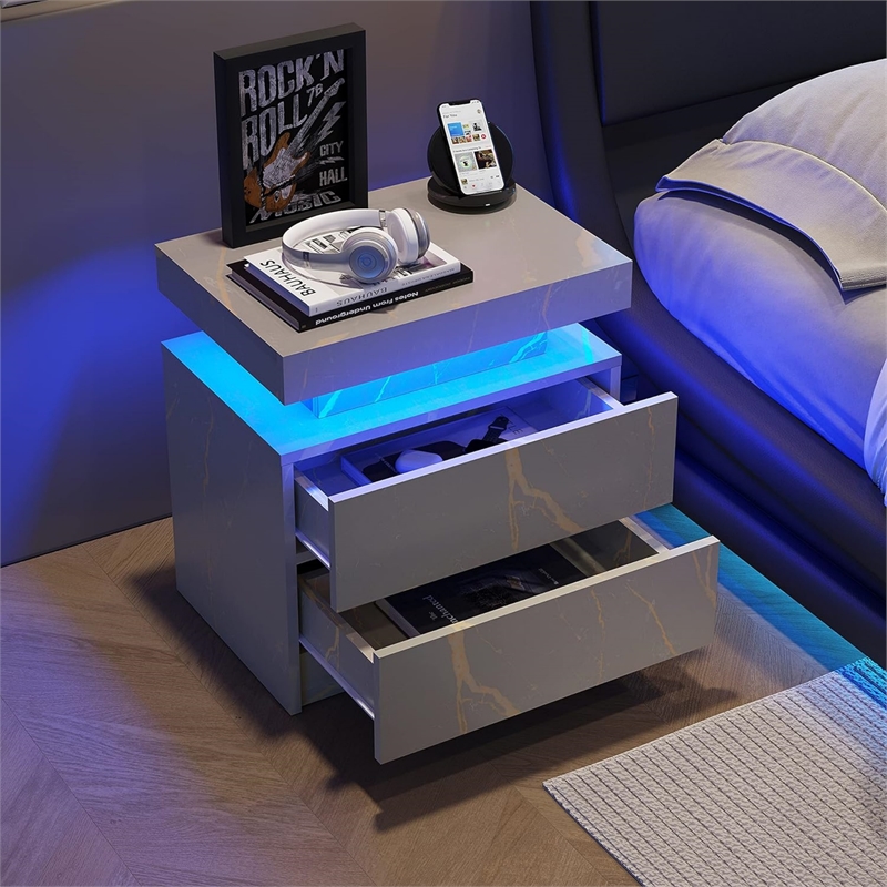 Nightstands with 2 Drawers LED Bedside Table Cabinet for Bedroom - Gray Gold