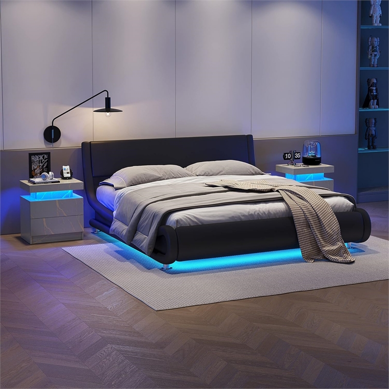 Nightstands with 2 Drawers LED Bedside Table Cabinet for Bedroom - Gray Gold