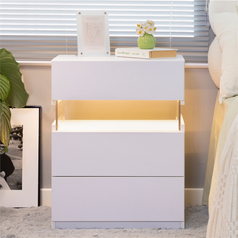 High Gloss LED Nightstand Acrylic Bedside Table with 3 Drawers for Bedroom-White
