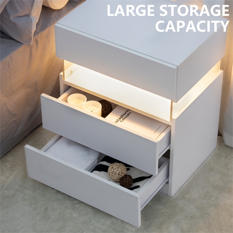 High Gloss LED Nightstand Acrylic Bedside Table with 3 Drawers for Bedroom-White