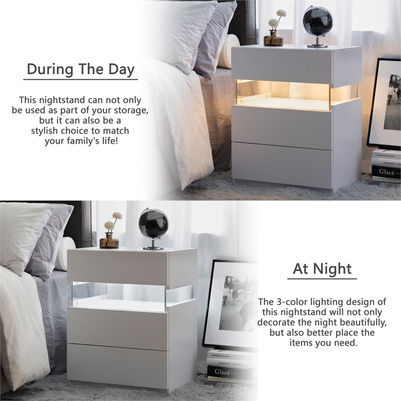High Gloss LED Nightstand Acrylic Bedside Table with 3 Drawers for Bedroom-White