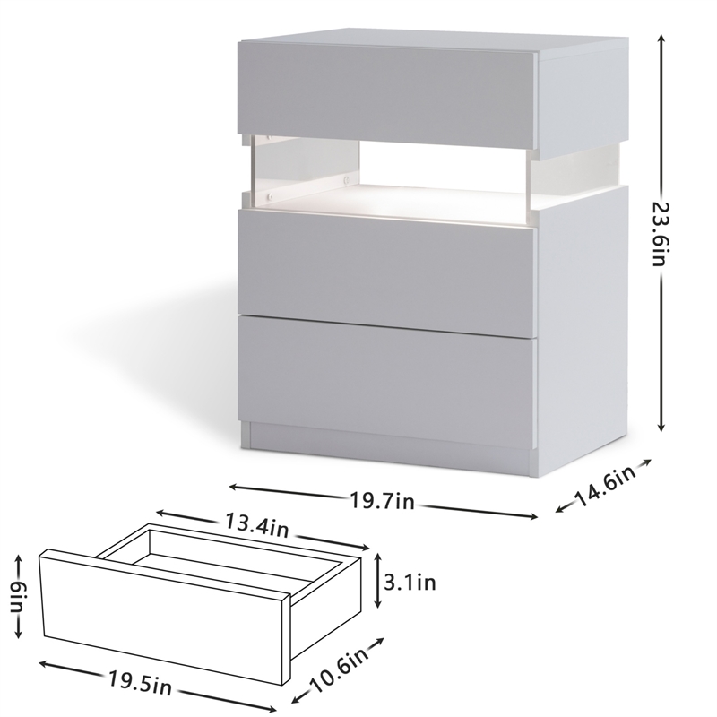 High Gloss LED Nightstand Acrylic Bedside Table with 3 Drawers for Bedroom-White