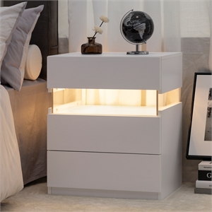 High Gloss LED Nightstand Acrylic Bedside Table with 3 Drawers for Bedroom-White