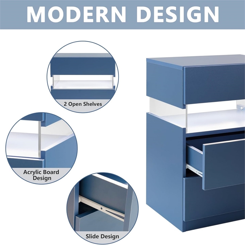 High Gloss LED Nightstand Acrylic Bedside Table with 3 Drawers for Bedroom-Blue