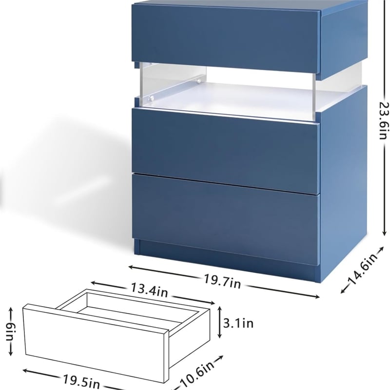 High Gloss LED Nightstand Acrylic Bedside Table with 3 Drawers for Bedroom-Blue