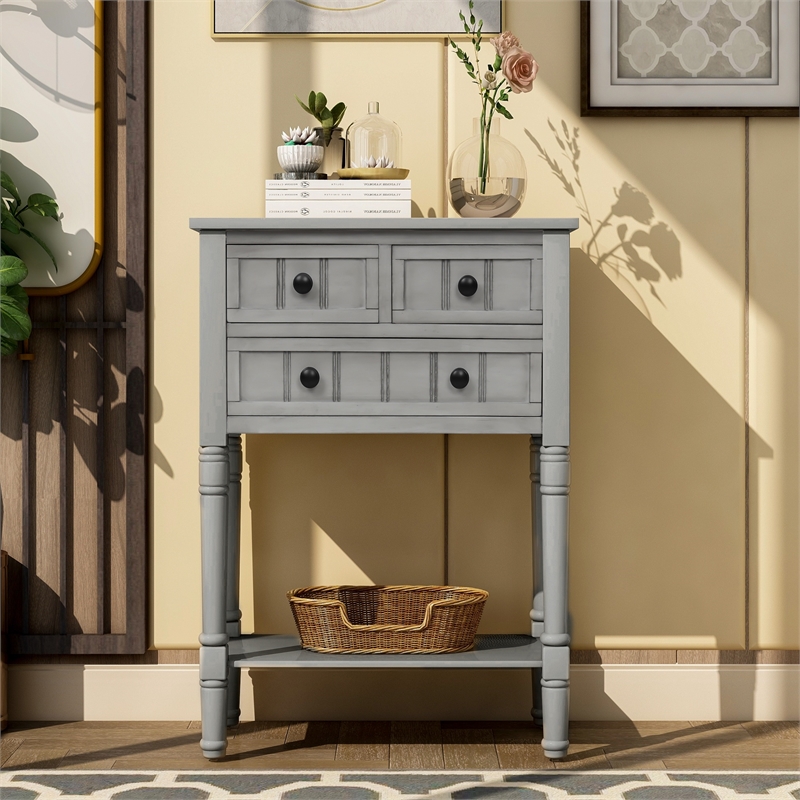 TREXM Narrow Console Table with Three Storage Drawers and Bottom Shelf-Gray Wash