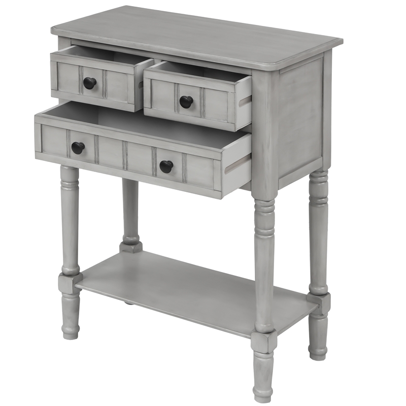 TREXM Narrow Console Table with Three Storage Drawers and Bottom Shelf-Gray Wash