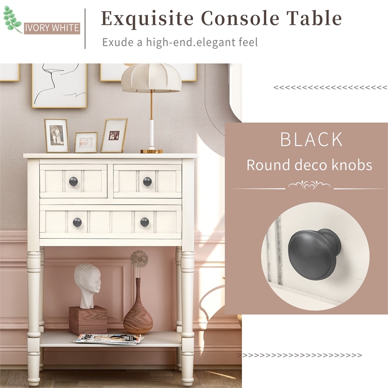 TREXM Narrow Console Table with Three Drawers and Bottom Shelf (Ivory White)