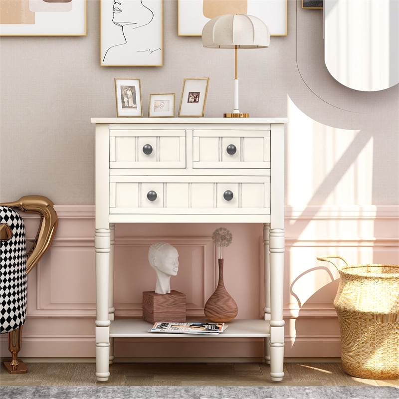 TREXM Narrow Console Table with Three Drawers and Bottom Shelf (Ivory White)