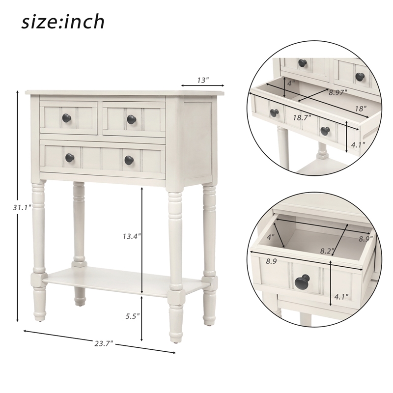 TREXM Narrow Console Table with Three Drawers and Bottom Shelf (Ivory White)