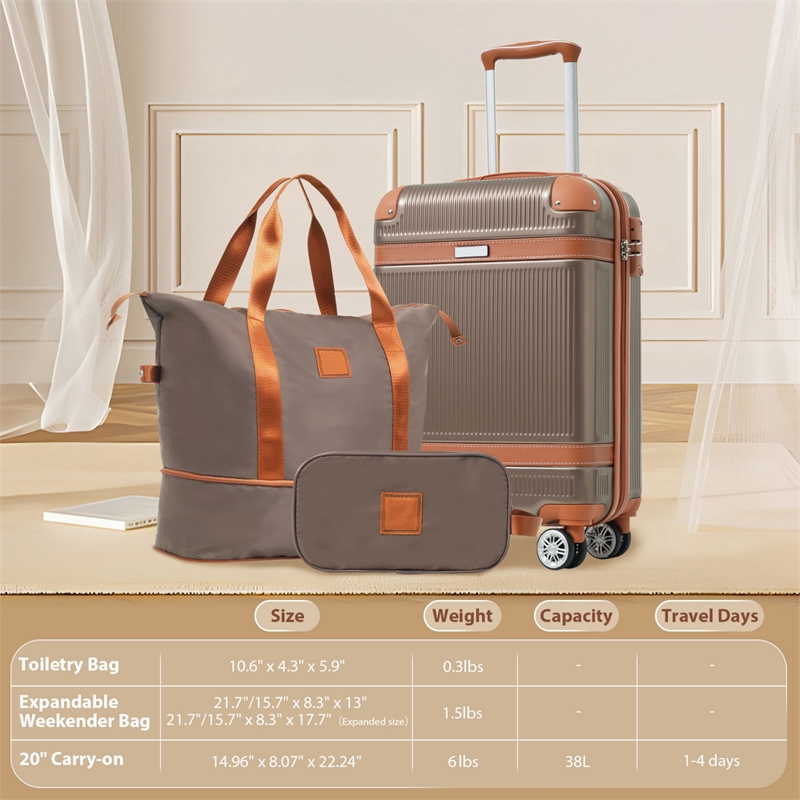 3 Piece Luggage Sets ABS Hardshell with TSA Lock and Spinner Wheels - Coppery