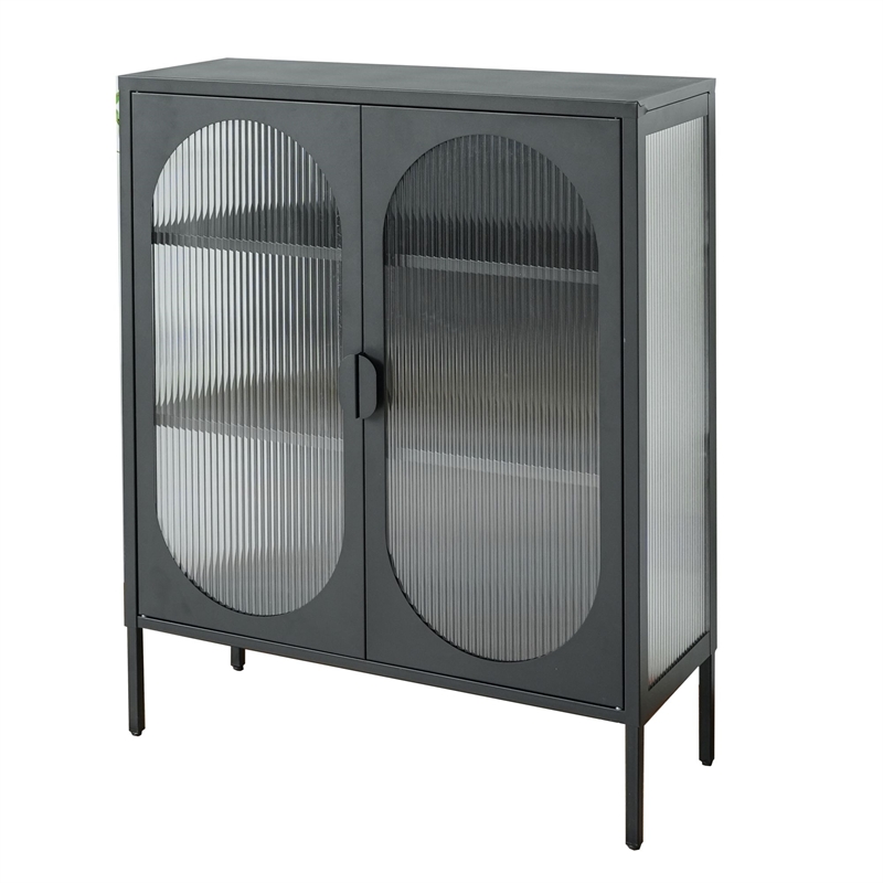 Short 2-Door 3 Shelf Steel Accent Cabinet with Fluted Glass-Black