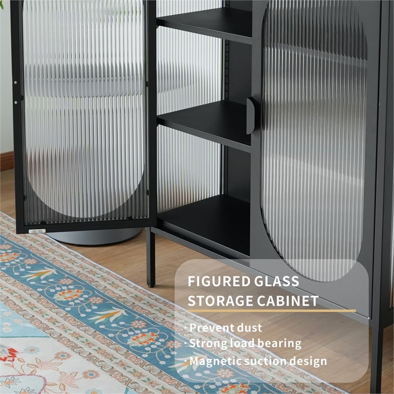 Short 2-Door 3 Shelf Steel Accent Cabinet with Fluted Glass-Black